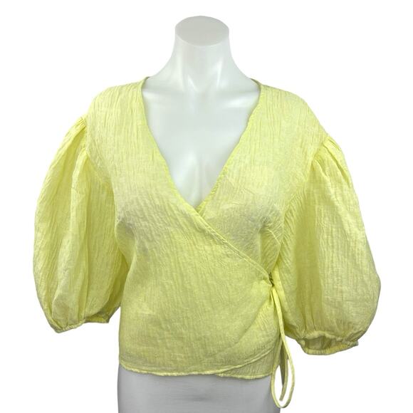 H&M Yellow Crinkled V-Neck Half Puff Sleeve Boho Wrap Blouse Shirt Top Size M - Picture 1 of 5